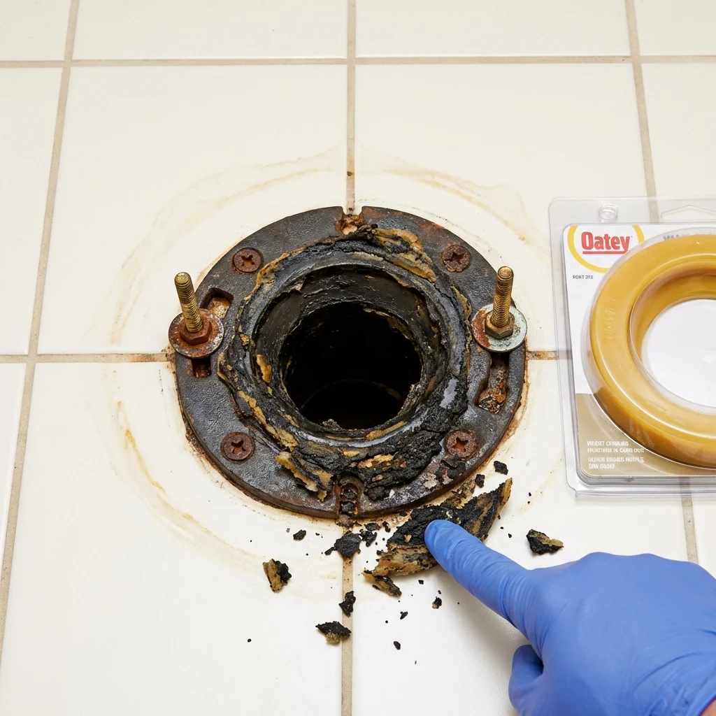 Failed wax ring showing water seepage at the base of a toilet in a Linden, CA home