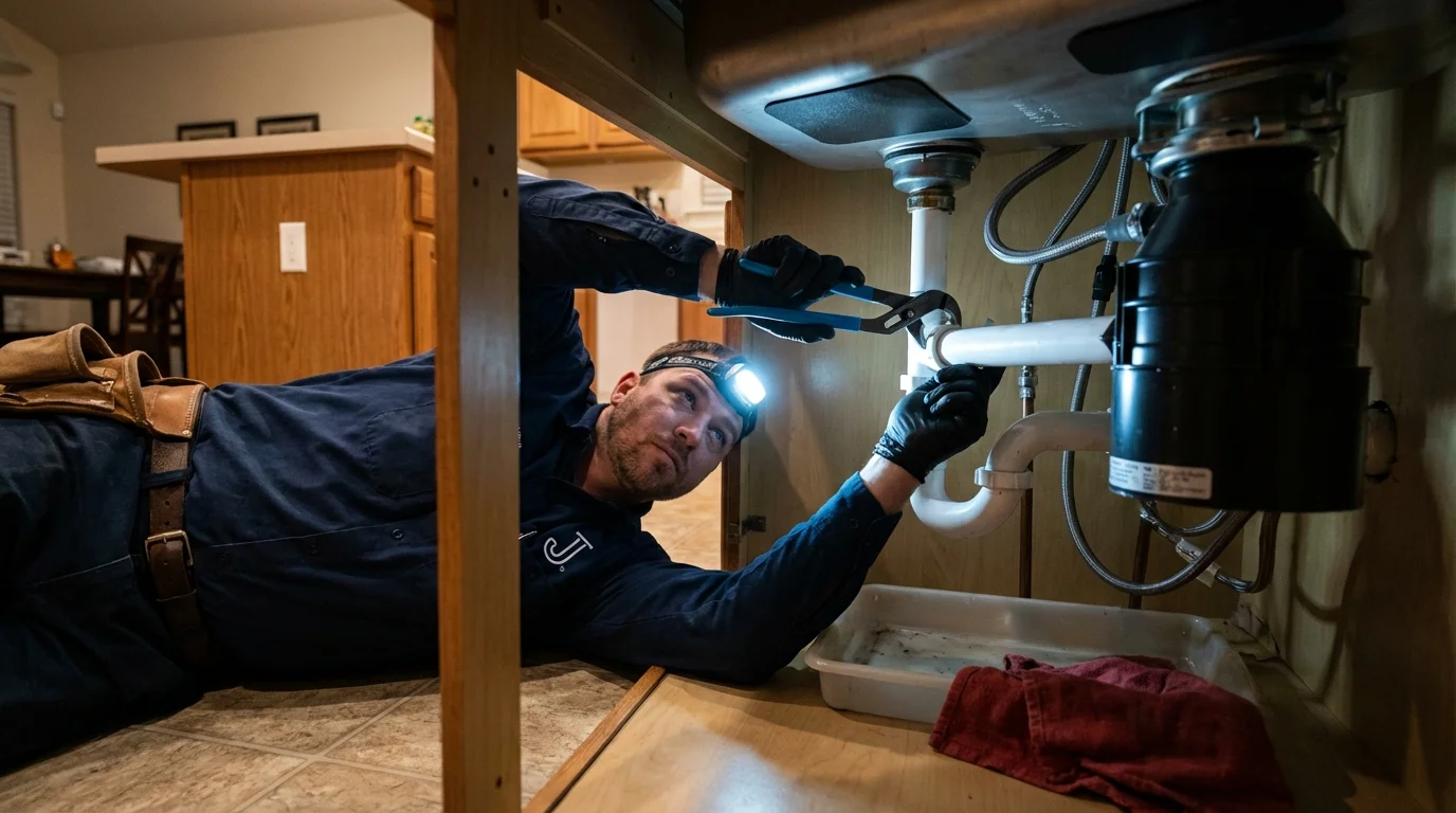 P-trap and supply line connections under a kitchen sink showing a common leak point in Linden, CA